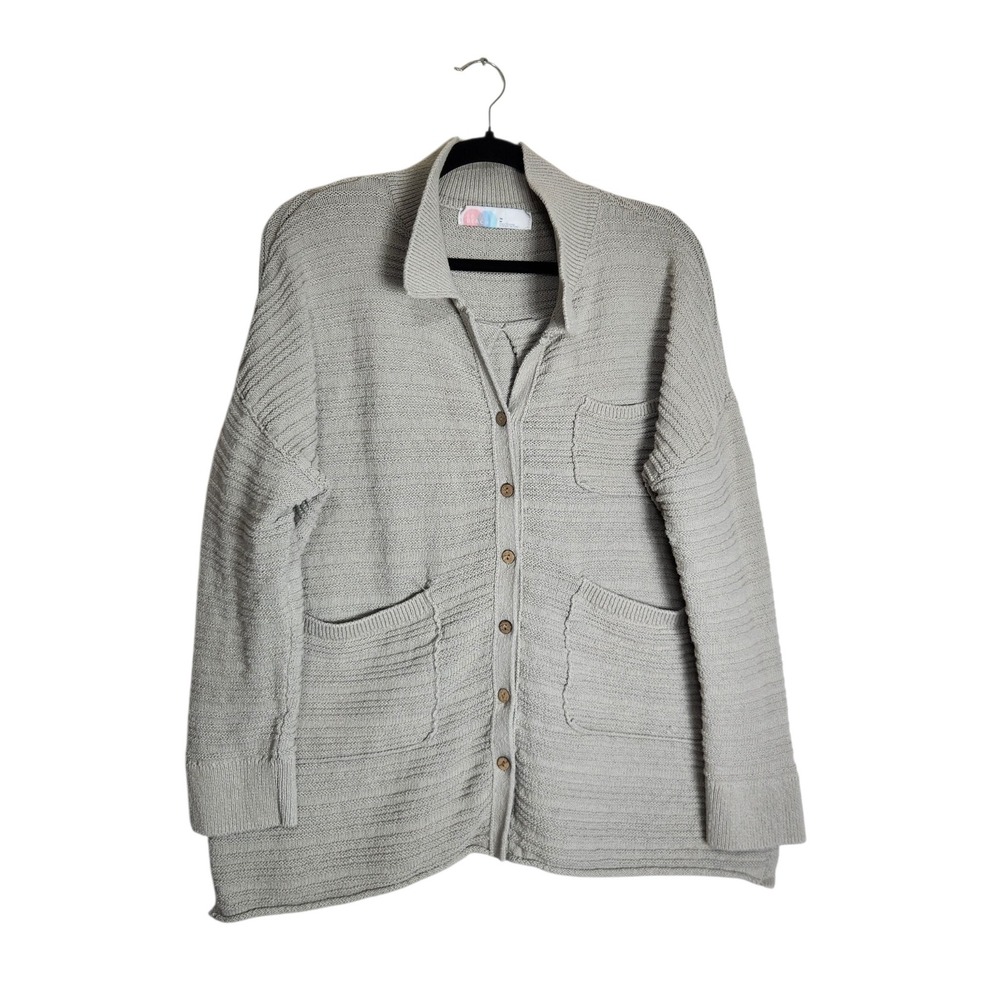 FP Beach Free People Gray Cotton Textured Ribbed Button Front Cardigan Sweater M